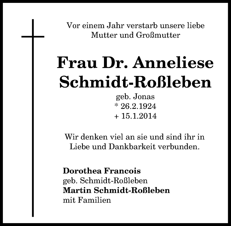  Traueranzeige für Anneliese Schmidt-Roßleben vom 15.01.2015 aus General-Anzeiger Bonn