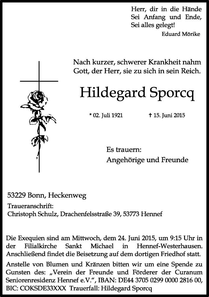  Traueranzeige für Hildegard Sporcq vom 20.06.2015 aus General-Anzeiger Bonn