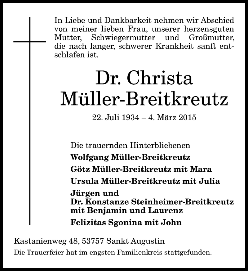  Traueranzeige für Christa Müller-Breitkreutz vom 21.03.2015 aus General-Anzeiger Bonn