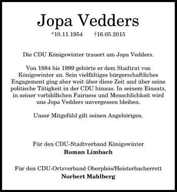 Anzeige von Jopa Vedders von General-Anzeiger Bonn