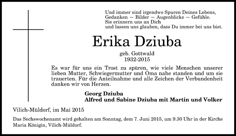  Traueranzeige für Erika Dziuba vom 30.05.2015 aus General-Anzeiger Bonn