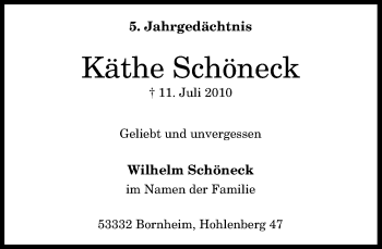 Anzeige von Käthe Schöneck von General-Anzeiger Bonn