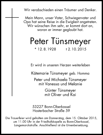 Anzeige von Peter Tünsmeyer von General-Anzeiger Bonn