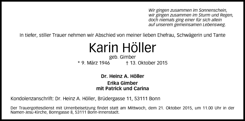  Traueranzeige für Karin Höller vom 17.10.2015 aus General-Anzeiger Bonn