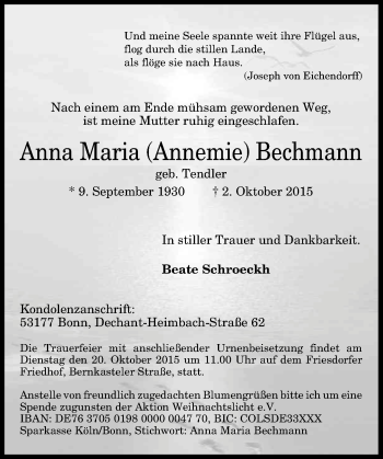 Anzeige von Anna Maria  Bechmann von General-Anzeiger Bonn