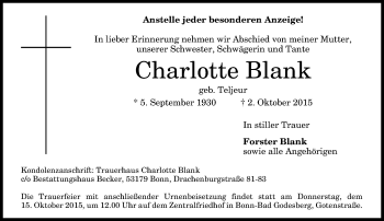 Anzeige von Charlotte Blank von General-Anzeiger Bonn