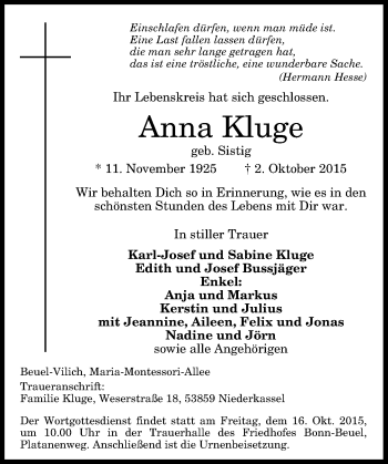 Anzeige von Anna Kluge von General-Anzeiger Bonn