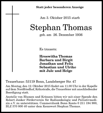 Anzeige von Stephan Thomas von General-Anzeiger Bonn