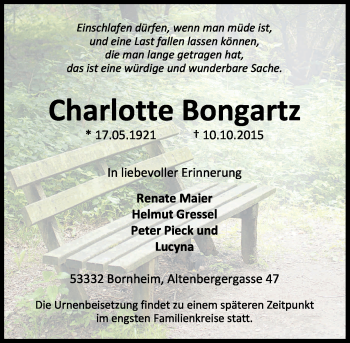 Anzeige von Charlotte Bongartz von General-Anzeiger Bonn