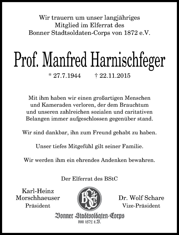  Traueranzeige für Manfred Harnischfeger vom 25.11.2015 aus General-Anzeiger Bonn