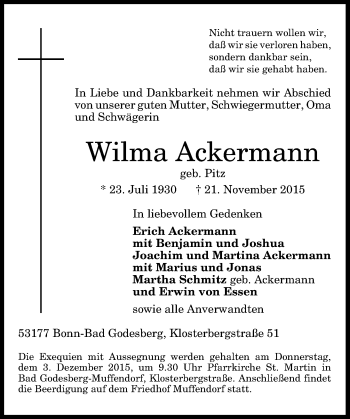 Anzeige von Wilma Ackermann von General-Anzeiger Bonn