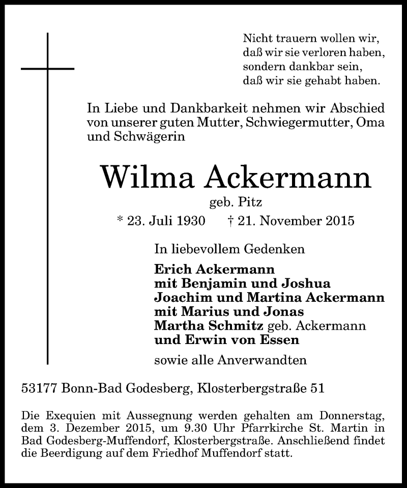 Traueranzeige für Wilma Ackermann vom 30.11.2015 aus General-Anzeiger Bonn