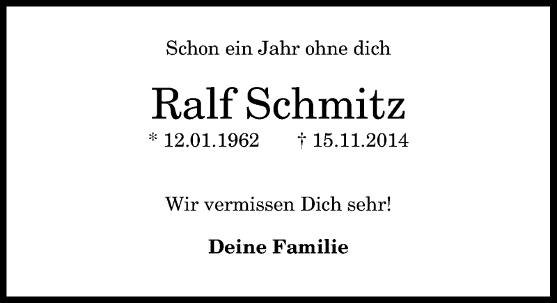  Traueranzeige für Ralf Schmitz vom 14.11.2015 aus General-Anzeiger Bonn