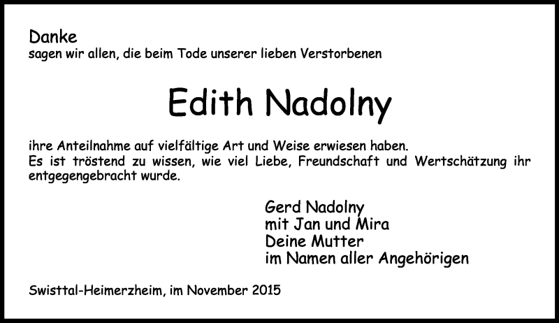  Traueranzeige für Edith Nadolny vom 07.11.2015 aus General-Anzeiger Bonn