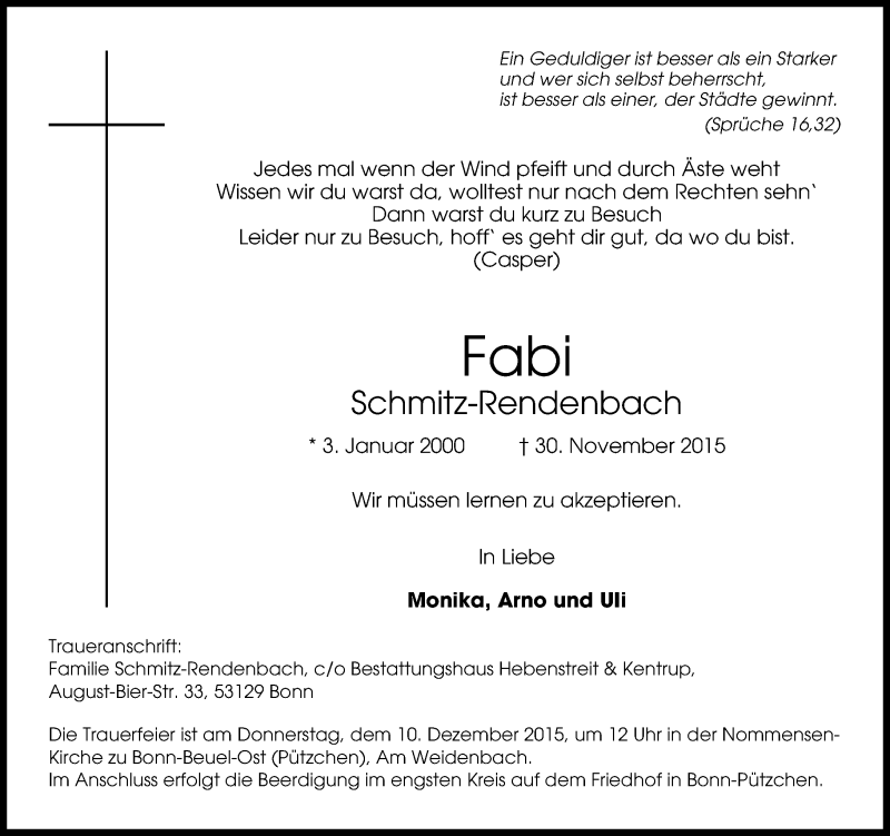  Traueranzeige für Fabian Schmitz-Rendenbach vom 05.12.2015 aus General-Anzeiger Bonn