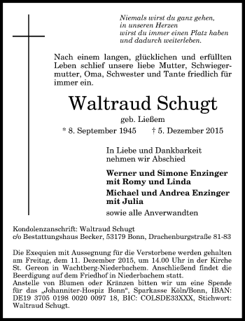 Anzeige von Waltraud Schugt von General-Anzeiger Bonn
