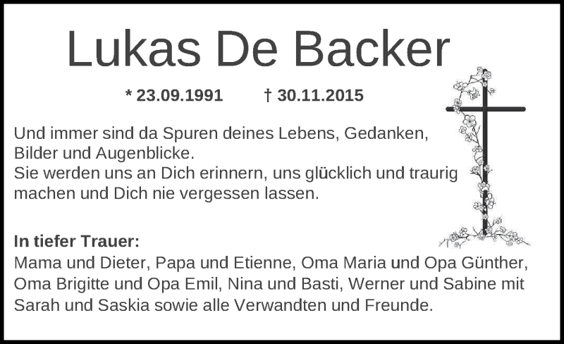  Traueranzeige für Lukas  De Backer vom 05.12.2015 aus General-Anzeiger Bonn
