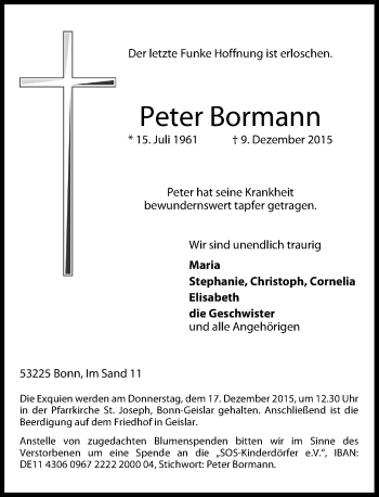 Anzeige von Peter Bormann von General-Anzeiger Bonn