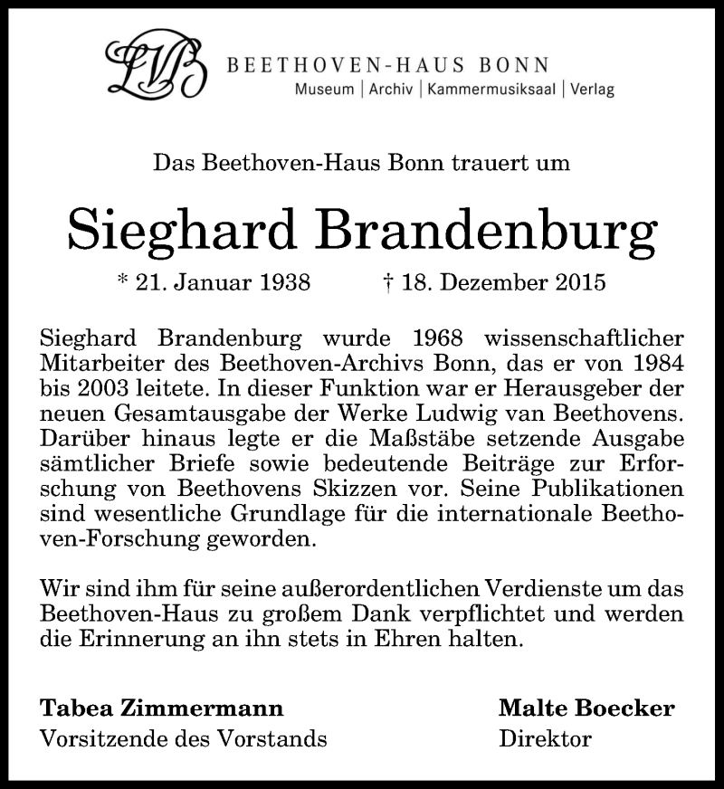  Traueranzeige für Sieghard Brandenburg vom 24.12.2015 aus General-Anzeiger Bonn