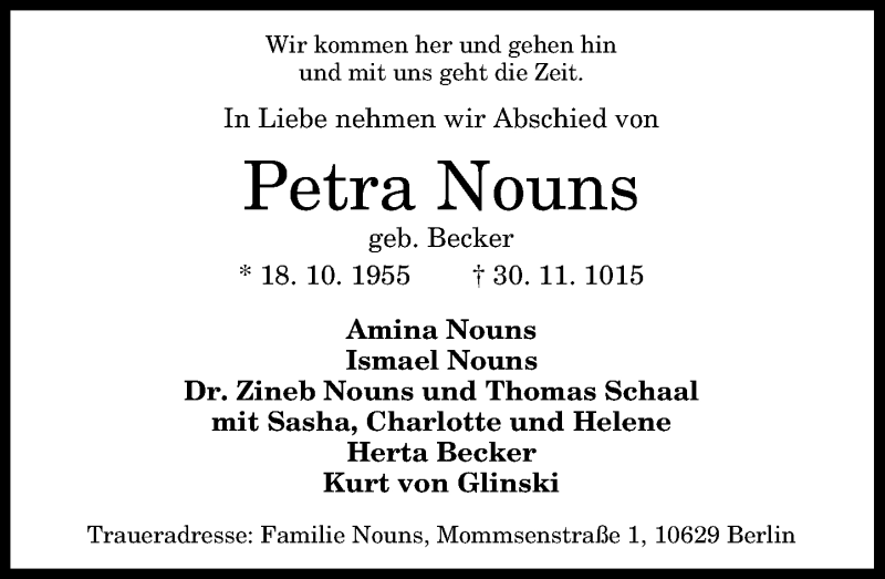  Traueranzeige für Petra Nouns vom 12.12.2015 aus General-Anzeiger Bonn