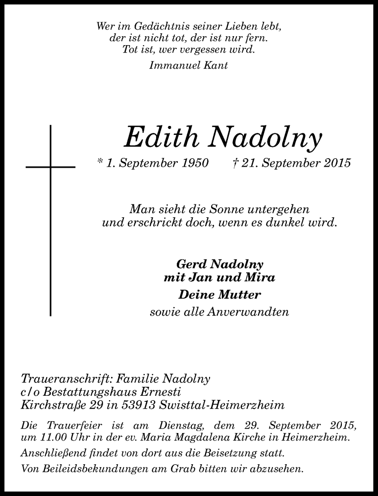  Traueranzeige für Edith Nadolny vom 26.09.2015 aus General-Anzeiger Bonn