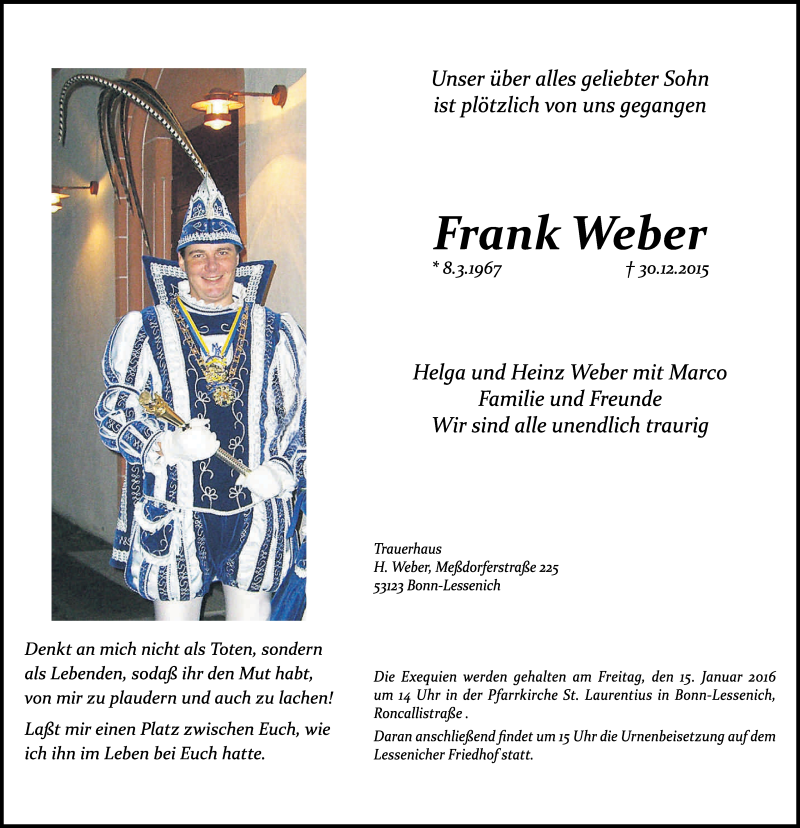  Traueranzeige für Frank Weber vom 09.01.2016 aus General-Anzeiger Bonn