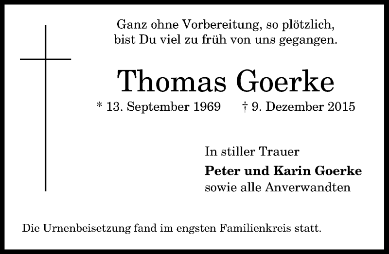  Traueranzeige für Thomas Goerke vom 13.01.2016 aus General-Anzeiger Bonn