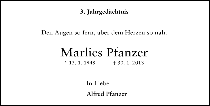  Traueranzeige für Marlies Pfanzer vom 30.01.2016 aus General-Anzeiger Bonn