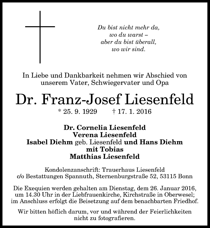  Traueranzeige für Franz-Josef Liesenfeld vom 23.01.2016 aus General-Anzeiger Bonn