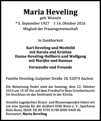 Anzeige von Maria Heveling von General-Anzeiger Bonn