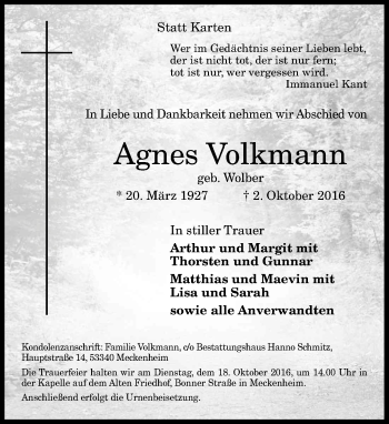 Anzeige von Agnes Volkmann von General-Anzeiger Bonn