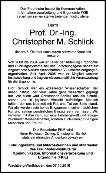 Anzeige von Christopher M. Schlick von General-Anzeiger Bonn