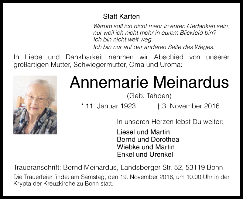  Traueranzeige für Annemarie Meinardus vom 12.11.2016 aus General-Anzeiger Bonn