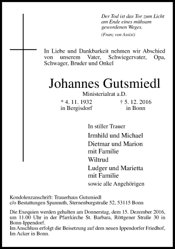 Anzeige von Johannes Gutsmiedl von General-Anzeiger Bonn