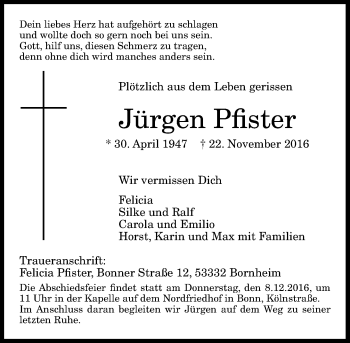 Anzeige von Jürgen Pfister von General-Anzeiger Bonn