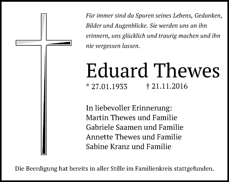  Traueranzeige für Eduard Thewes vom 03.12.2016 aus General-Anzeiger Bonn