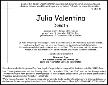 Anzeige von Julia Valentina von General-Anzeiger Bonn