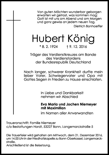 Anzeige von Hubert König von General-Anzeiger Bonn