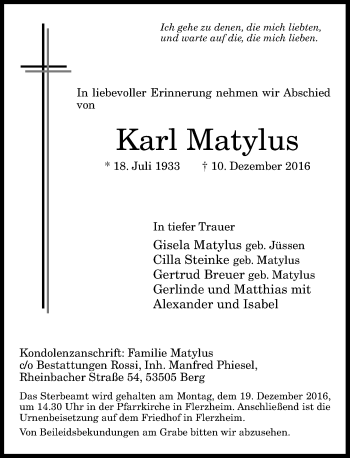 Anzeige von Karl Matylus von General-Anzeiger Bonn