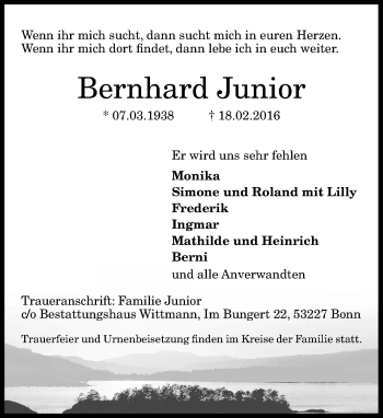 Anzeige von Bernhard Junior von General-Anzeiger Bonn