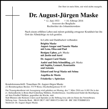 Anzeige von August-Jürgen Maske von General-Anzeiger Bonn