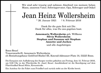 Anzeige von Jean Heinz Wollersheim von General-Anzeiger Bonn