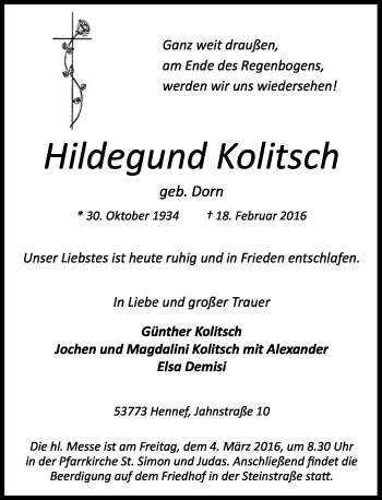 Anzeige von Hildegund Kolitsch von General-Anzeiger Bonn