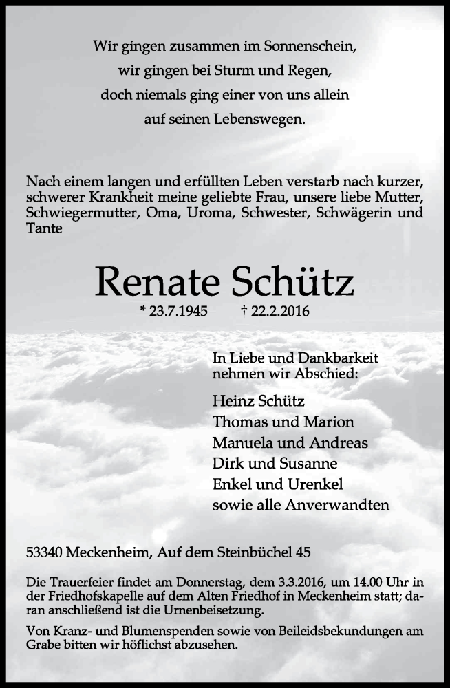 Traueranzeige für Renate Schütz vom 27.02.2016 aus General-Anzeiger Bonn