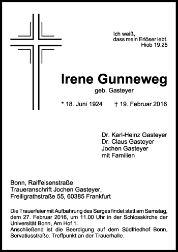 Anzeige von Irene Gunneweg von General-Anzeiger Bonn