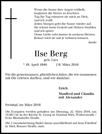 Anzeige von Ilse Berg von General-Anzeiger Bonn