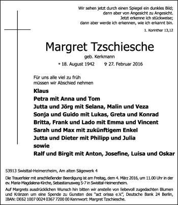 Anzeige von Margret Tzschiesche von General-Anzeiger Bonn