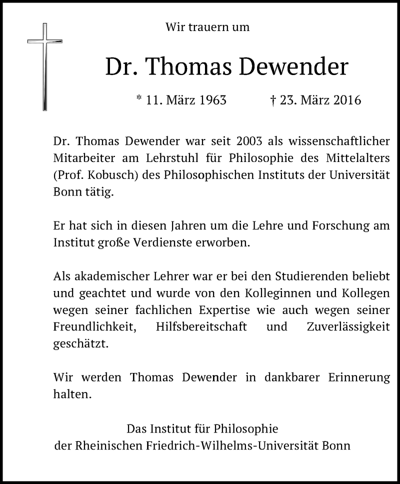  Traueranzeige für Thomas Dewender vom 31.03.2016 aus General-Anzeiger Bonn