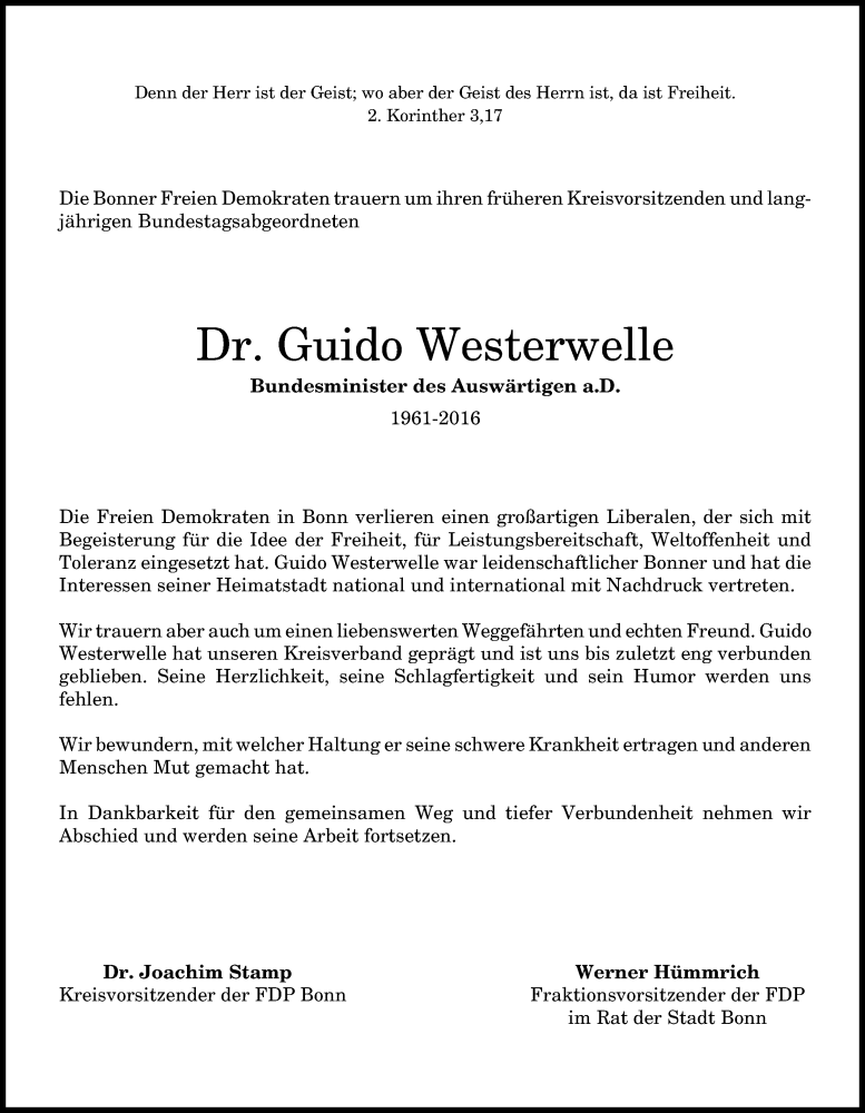 Traueranzeige für Guido Westerwelle vom 24.03.2016 aus General-Anzeiger Bonn