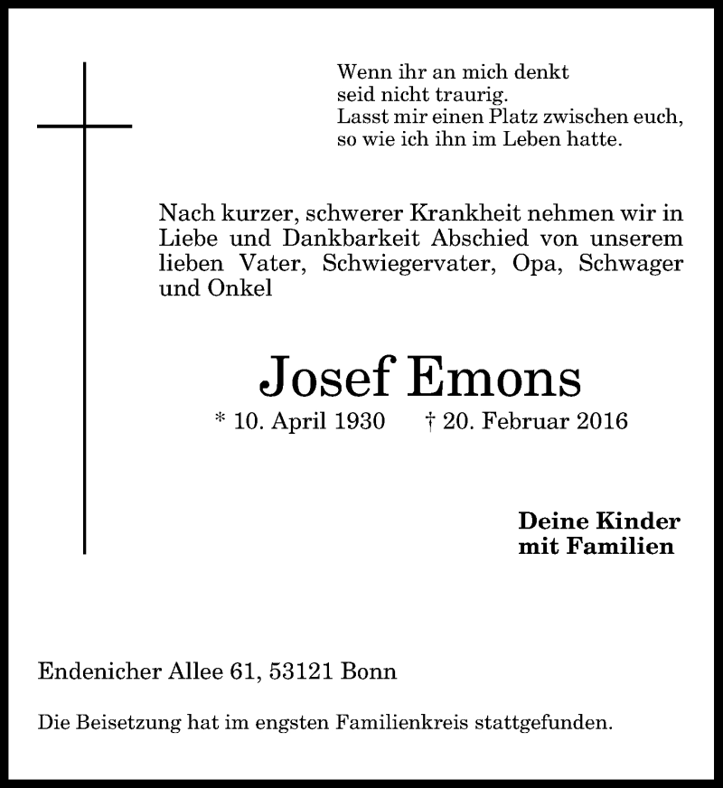  Traueranzeige für Josef Emons vom 05.03.2016 aus General-Anzeiger Bonn